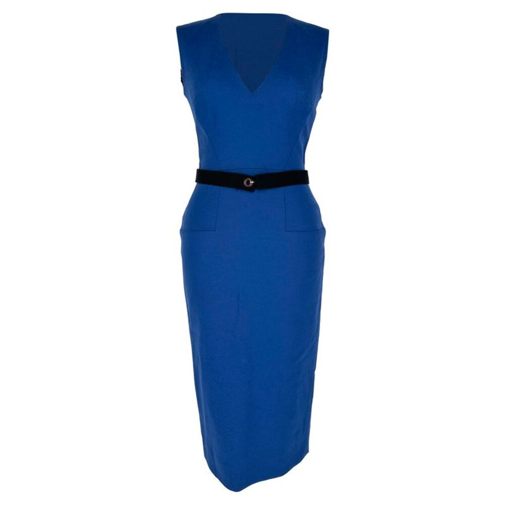 Victoria Beckham Sleeveless V-Neck Fitted Dress in Blue Wool